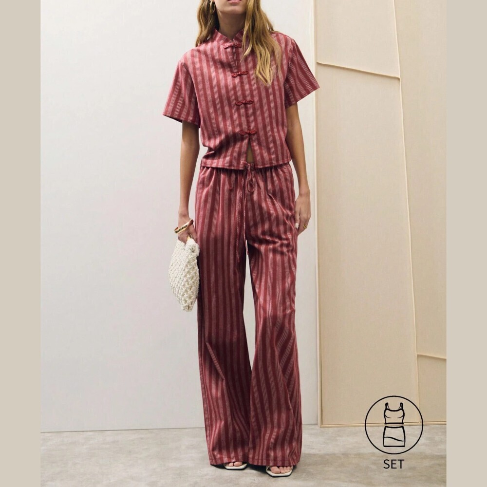Red Striped Frog Button Stand Collar Top and Wide Leg Pants Set